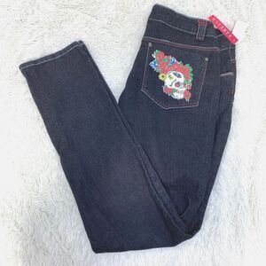 NWT MKM Designs Black Y2K Style Skull Floral Skinny Mid Rise Jeans Size 13